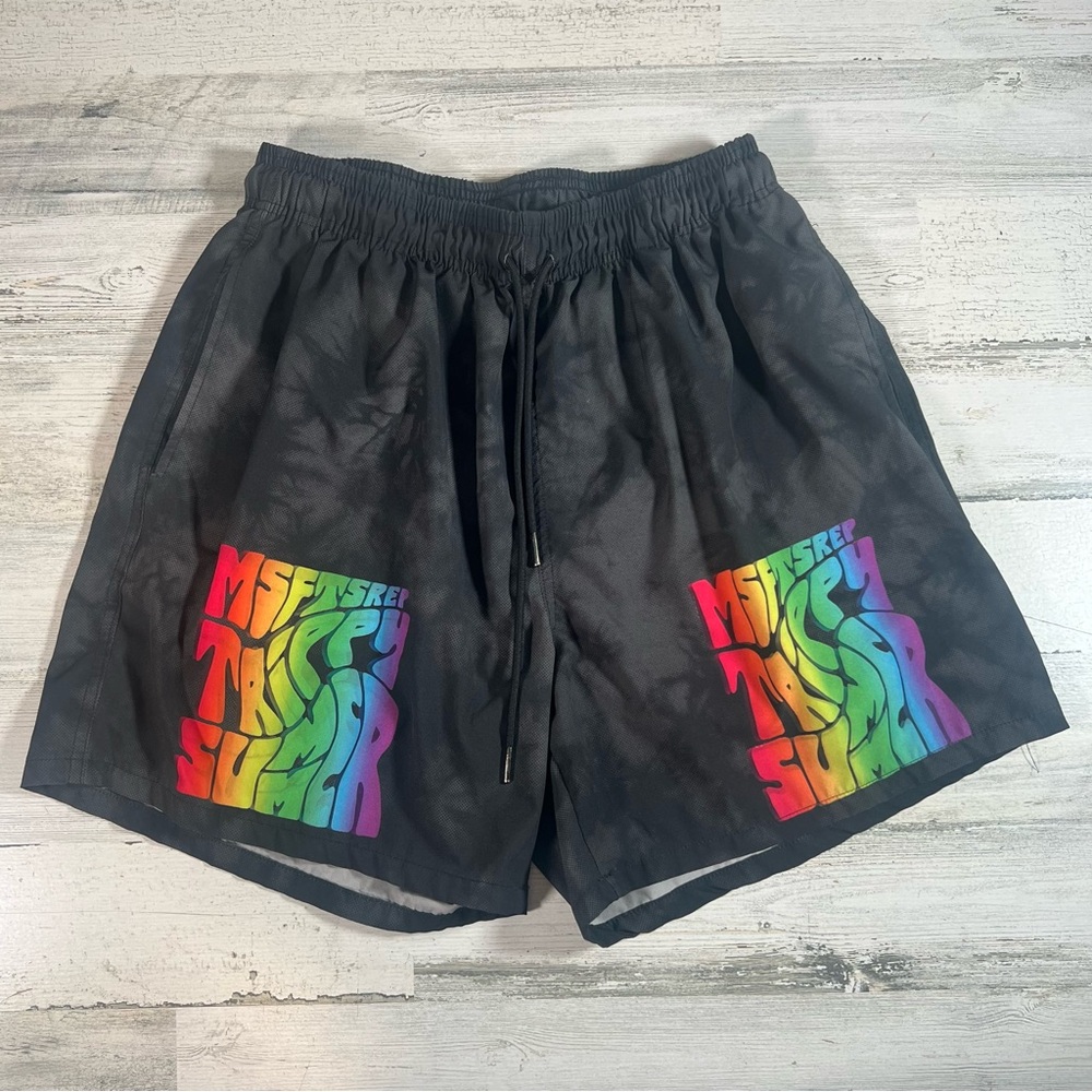 MSFTSrep Men’s Trippy Summer Shorts Black Rainbow Size Large 6” Inseam